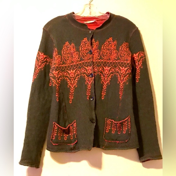 RARE Free People Brown With Red Damask Design Cardigan - Picture 1 of 4
